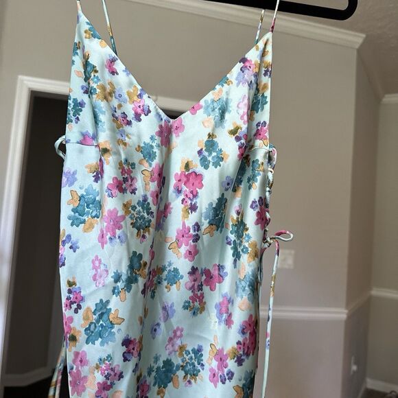 ZARA Romantic Floral Print Midi Side-Tie Satin Slip Dress XS Baby Blue - Picture 13 of 13